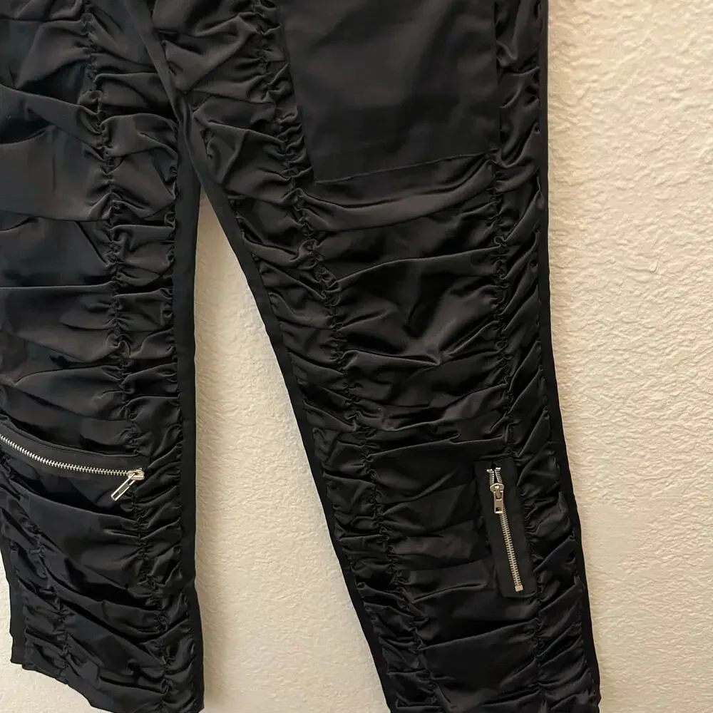 Seven Express Y2K Ruched Satin Cargo Pants Flare Leg Black 26 Cyber Clubwear - Picture 5 of 10